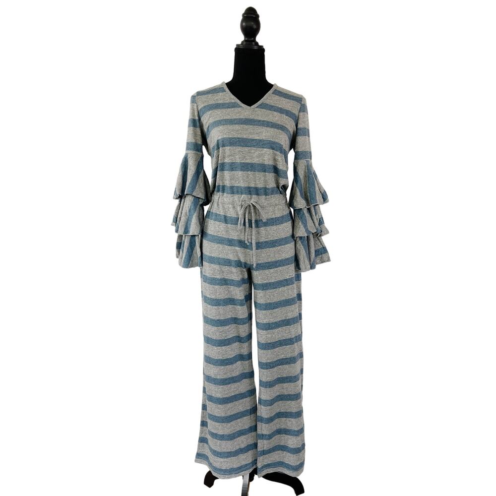 NWT Chaser Revolve Tiered Bell Statement Sleeve Blue Heather Gray Jumpsuit Small